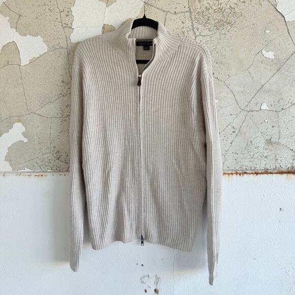 Kenneth Roberts Cardigan Sweater 100% Wool Ribbed Full Zip Mock Neck Beige Men L - Picture 1 of 7